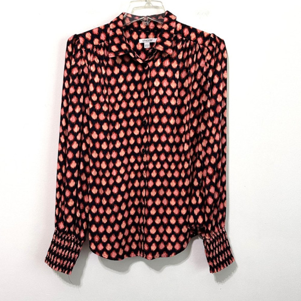 Chicos Blouse Top 1 Size 8 Button Front Smocked Cuff Office‎ Party Rayon Career